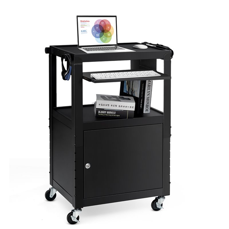 Costway Iron Adjustable Mobile AV Presentation Cart w/ Locked Cabinet in Black