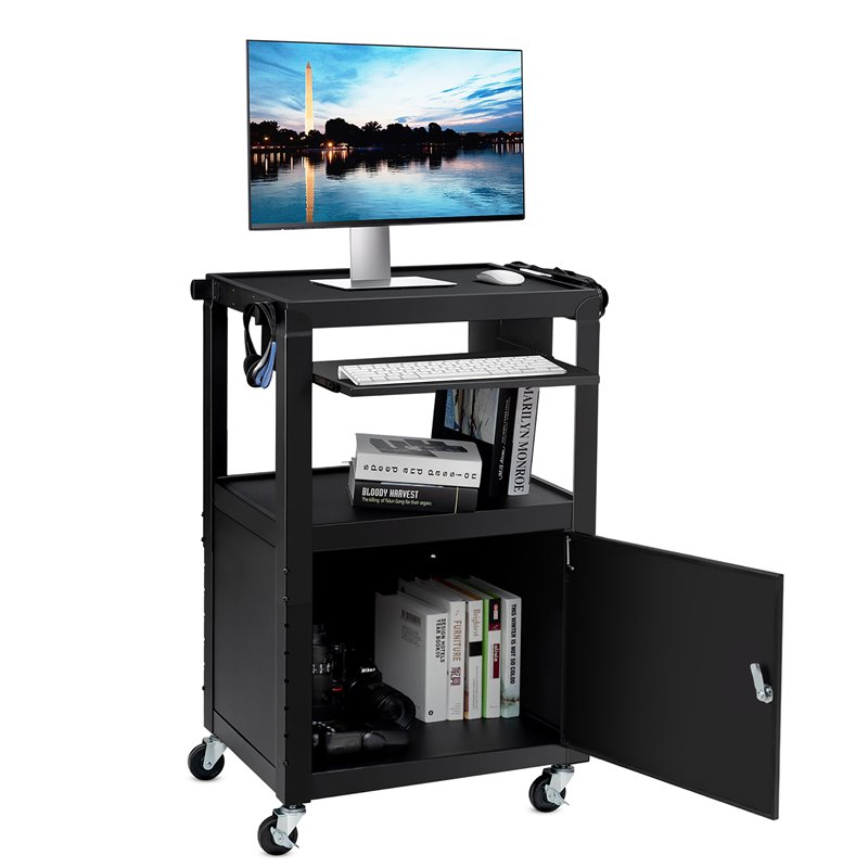 Costway Iron Adjustable Mobile AV Presentation Cart w/ Locked Cabinet in Black