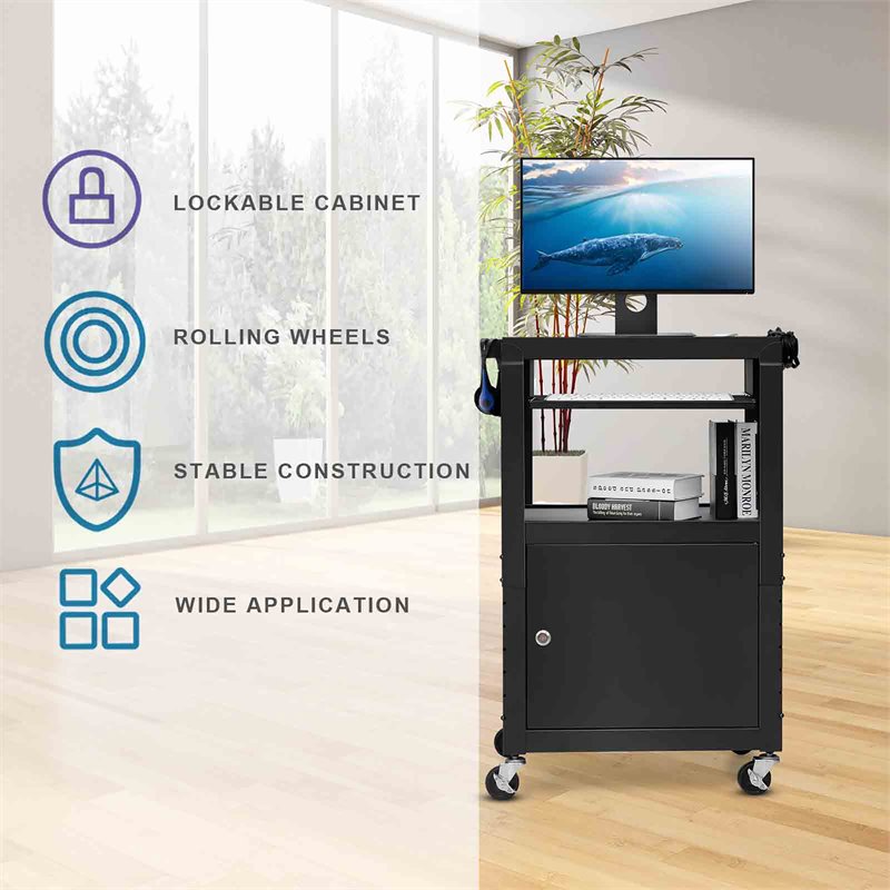 Costway Iron Adjustable Mobile AV Presentation Cart w/ Locked Cabinet in Black