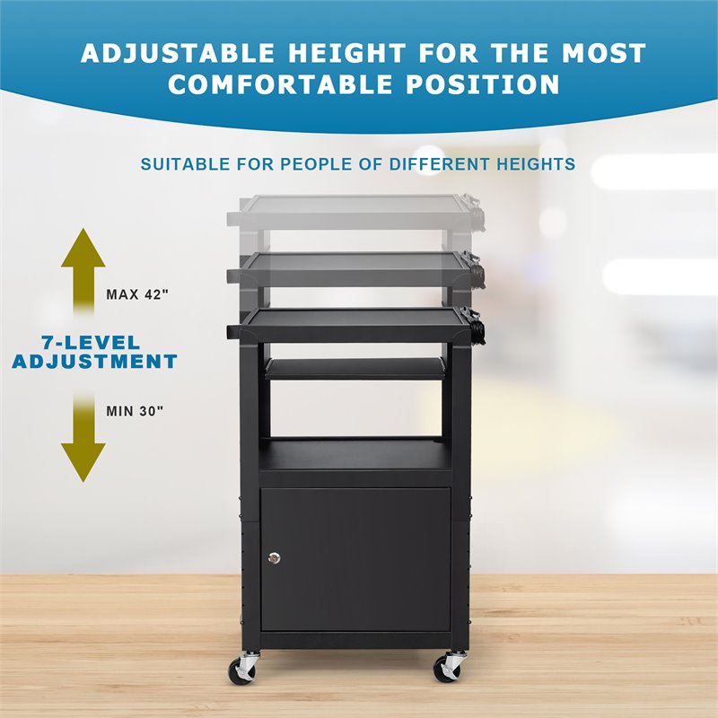Costway Iron Adjustable Mobile AV Presentation Cart w/ Locked Cabinet in Black