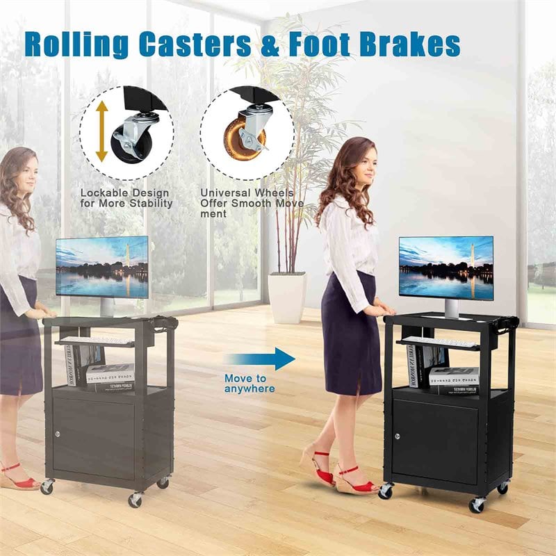 Costway Iron Adjustable Mobile AV Presentation Cart w/ Locked Cabinet in Black