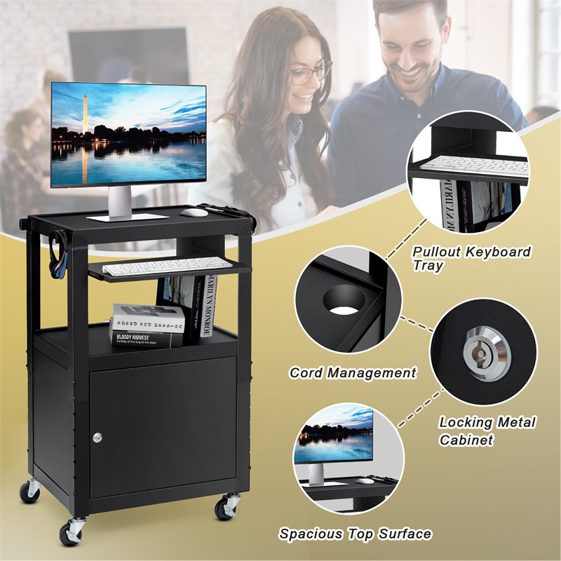 Costway Iron Adjustable Mobile AV Presentation Cart w/ Locked Cabinet in Black