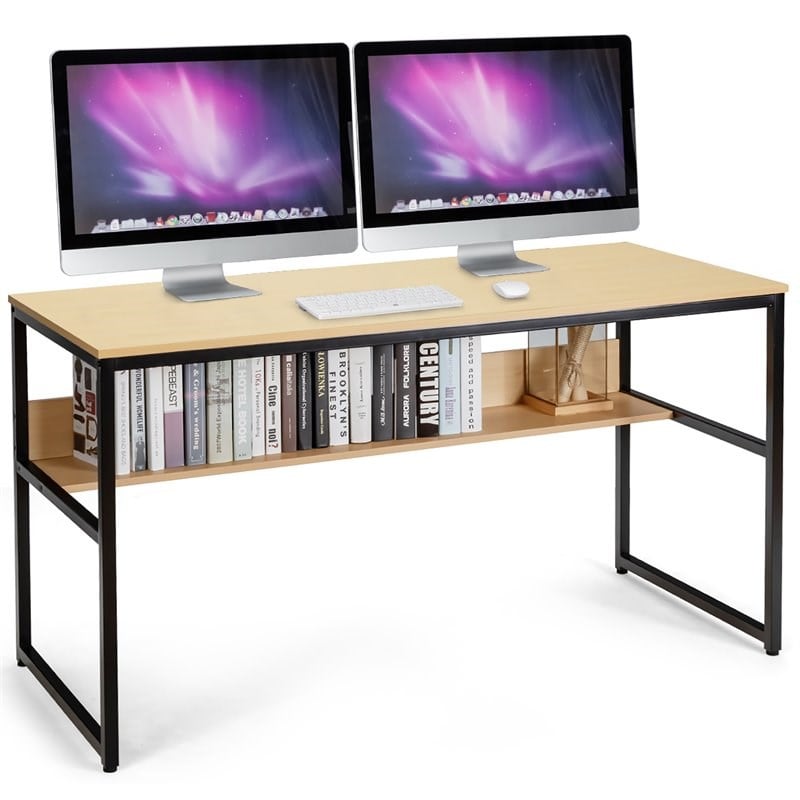 Costway 55'' Engineered Wood Computer Desk with Storage Shelf in Natural