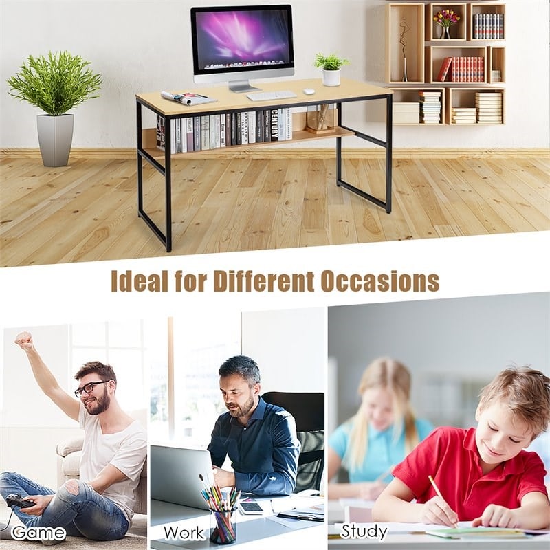 Costway 55'' Engineered Wood Computer Desk with Storage Shelf in Natural