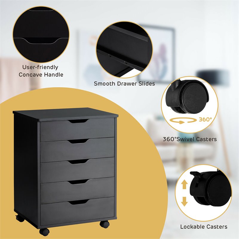 Costway 5-drawer Wheels Chest Storage Dresser Floor Cabinet Organizer in Black