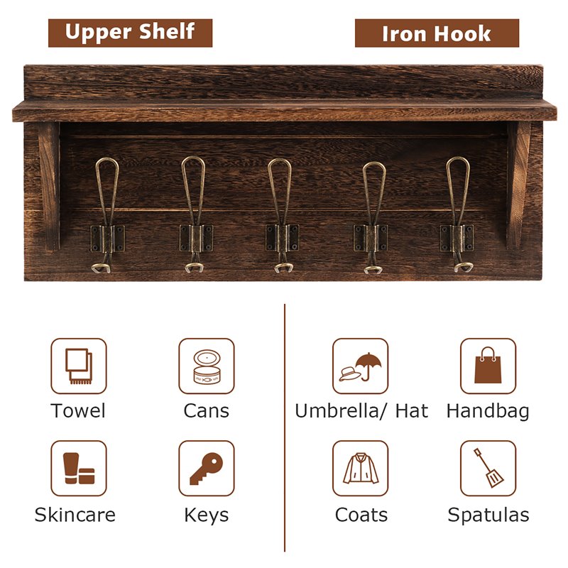 Costway Entryway Hanging Shelf Rustic Wooden Wall-Mounted Coat Rack in Brown