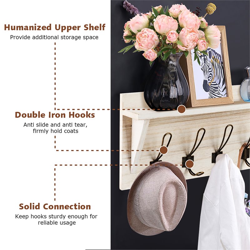 Costway Entryway Hanging Shelf Rustic Wooden Wall-Mounted Coat Rack in White