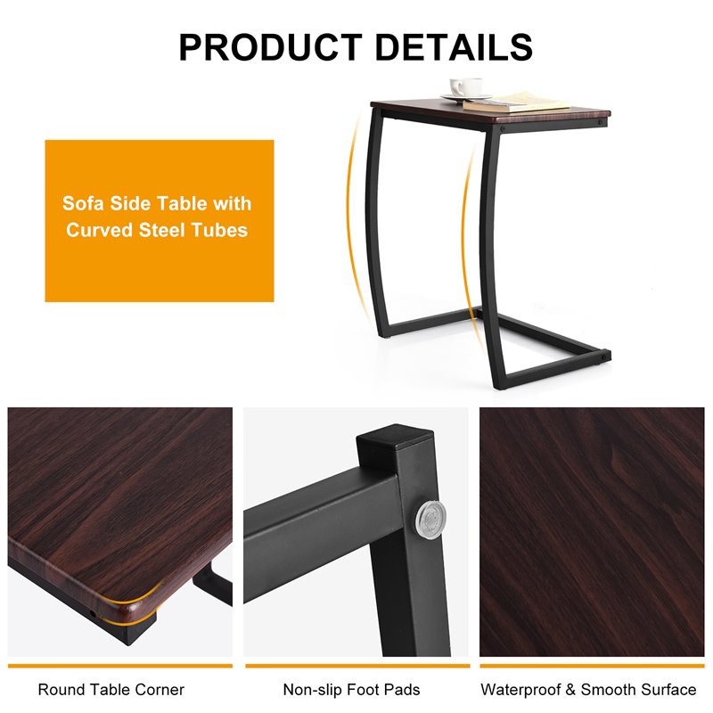 Costway C-shaped Contemporary MDF and Steel End Table with Steel Frame in Coffee