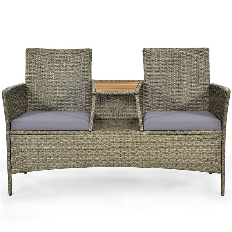 Costway Rattan Patio Conversation Set with Loveseat & Coffee Table in Gray