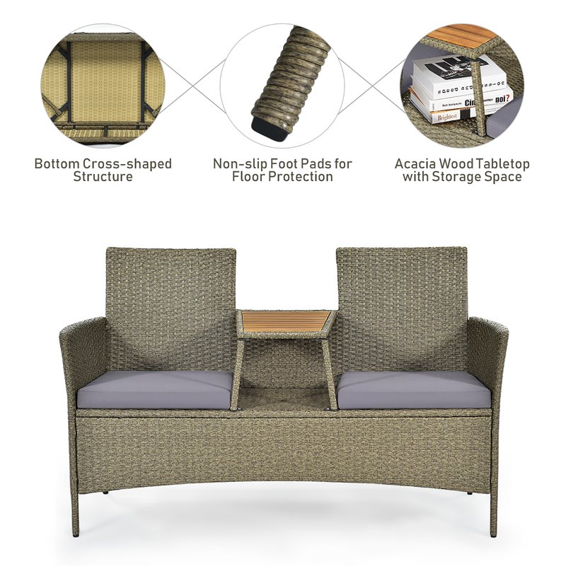 Costway Rattan Patio Conversation Set with Loveseat & Coffee Table in Gray