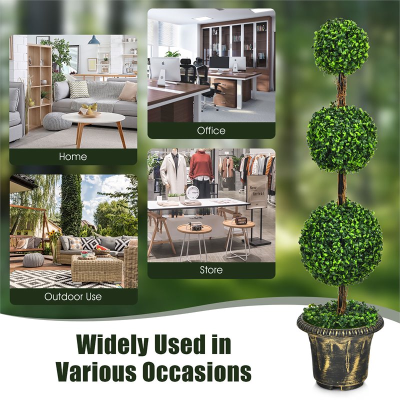 Costway 4' Artificial Topiary Triple Ball Tree Plant with UV Resistant in Green