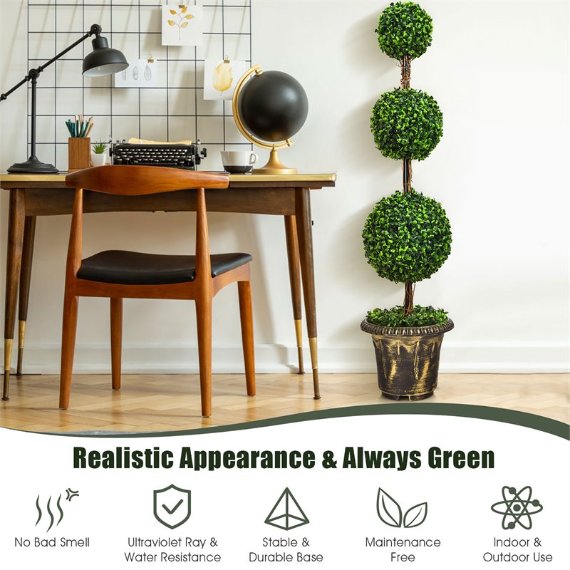 Costway 4' Artificial Topiary Triple Ball Tree Plant with UV Resistant in Green