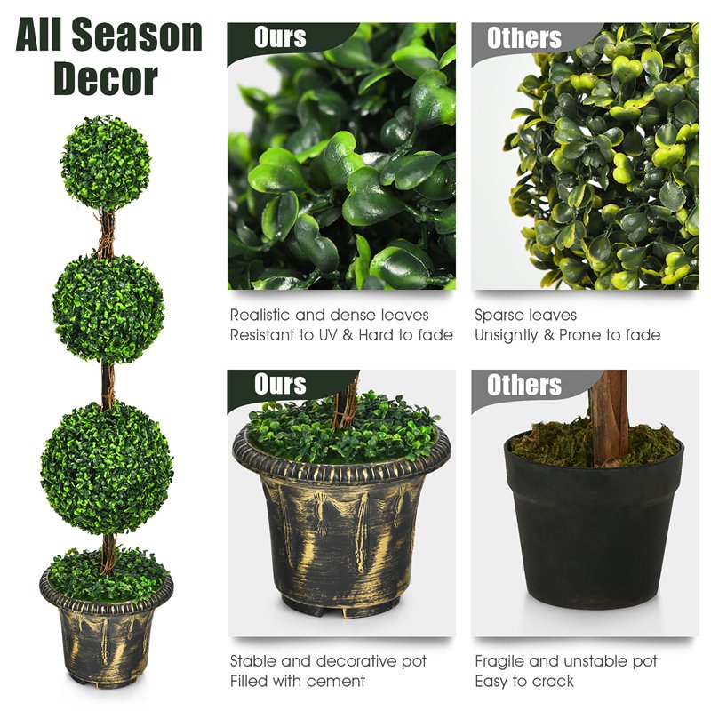 Costway 4' Artificial Topiary Triple Ball Tree Plant with UV Resistant in Green