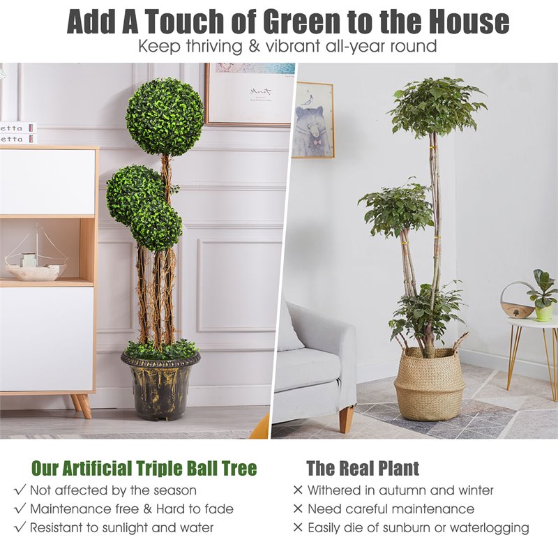 Costway Artificial Topiary Triple Ball Tree Plant with UV Resistant in Green