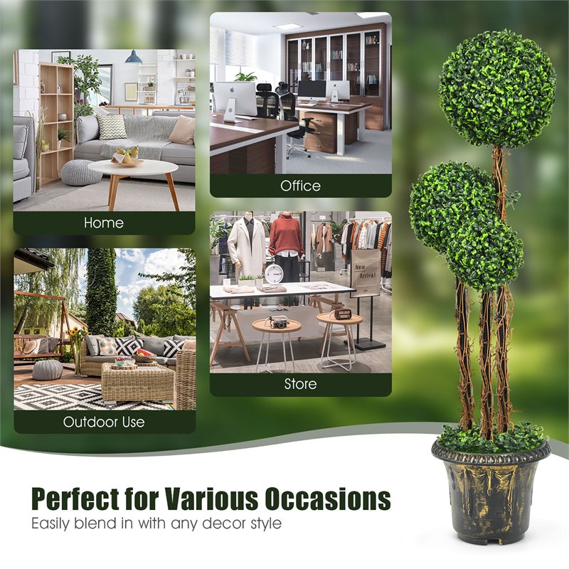 Costway Artificial Topiary Triple Ball Tree Plant with UV Resistant in Green
