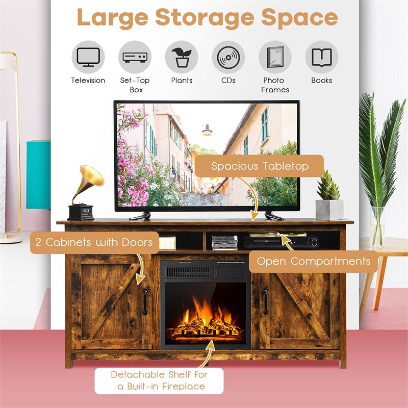 Costway 60'' TV Stand Entertainment Center with Electric Fireplace in Brown