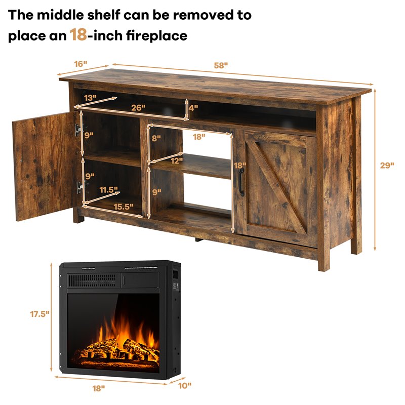 Costway 60'' TV Stand Entertainment Center with Electric Fireplace in Brown