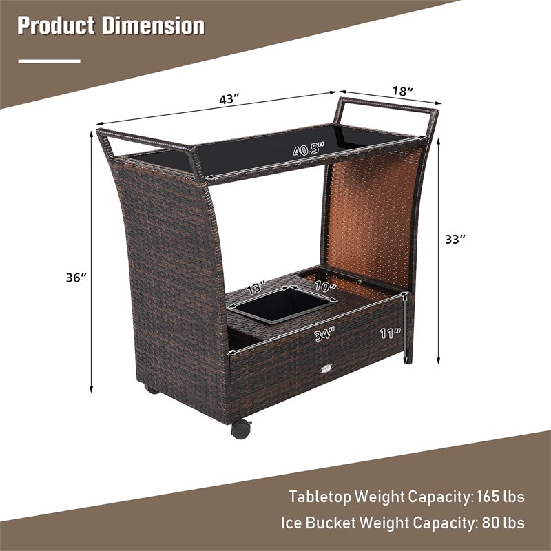 Costway Contemporary Rattan and Steel Patio Bar Serving Cart in Brown