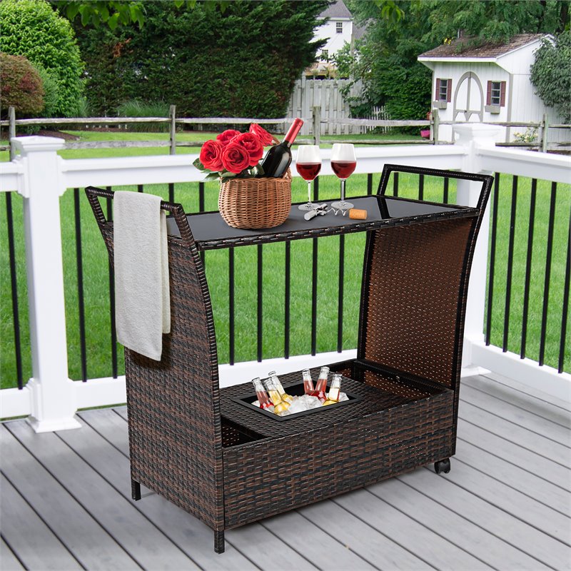 Costway Contemporary Rattan and Steel Patio Bar Serving Cart in Brown