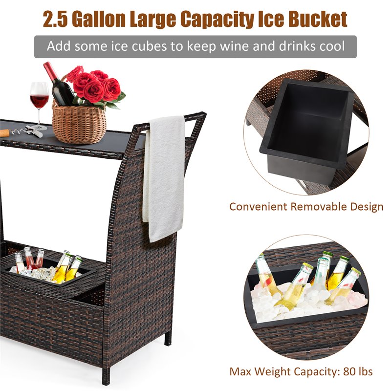 Costway Contemporary Rattan and Steel Patio Bar Serving Cart in Brown