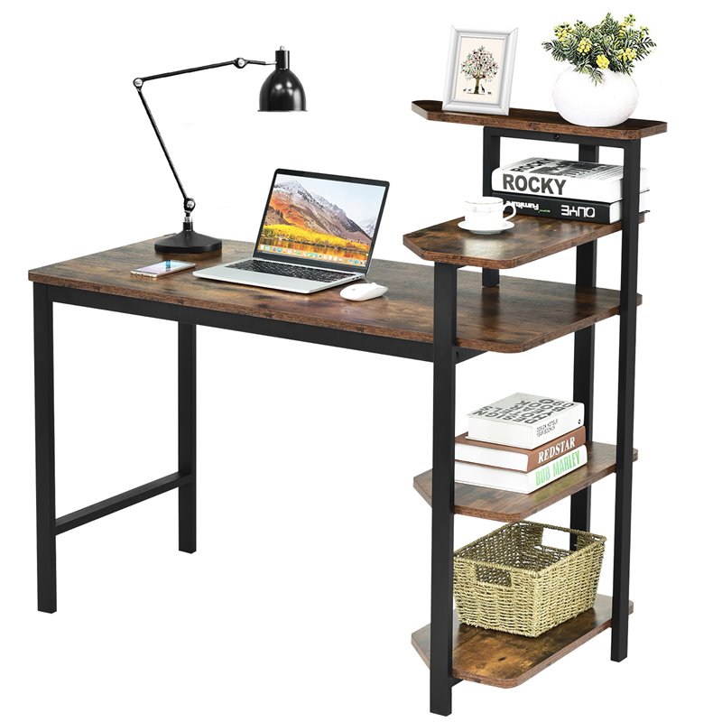 Costway Engineered Wood Computer Desk with Storage Shelves in Rustic Brown