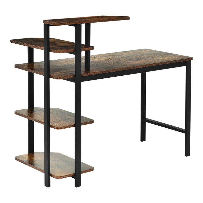 Costway Engineered Wood Computer Desk with Storage Shelves in Rustic Brown