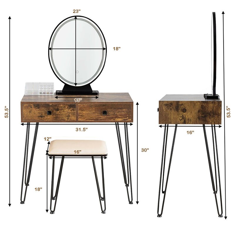 Costway Vanity Makeup Dressing Table with Mirror Touch Switch in Tan