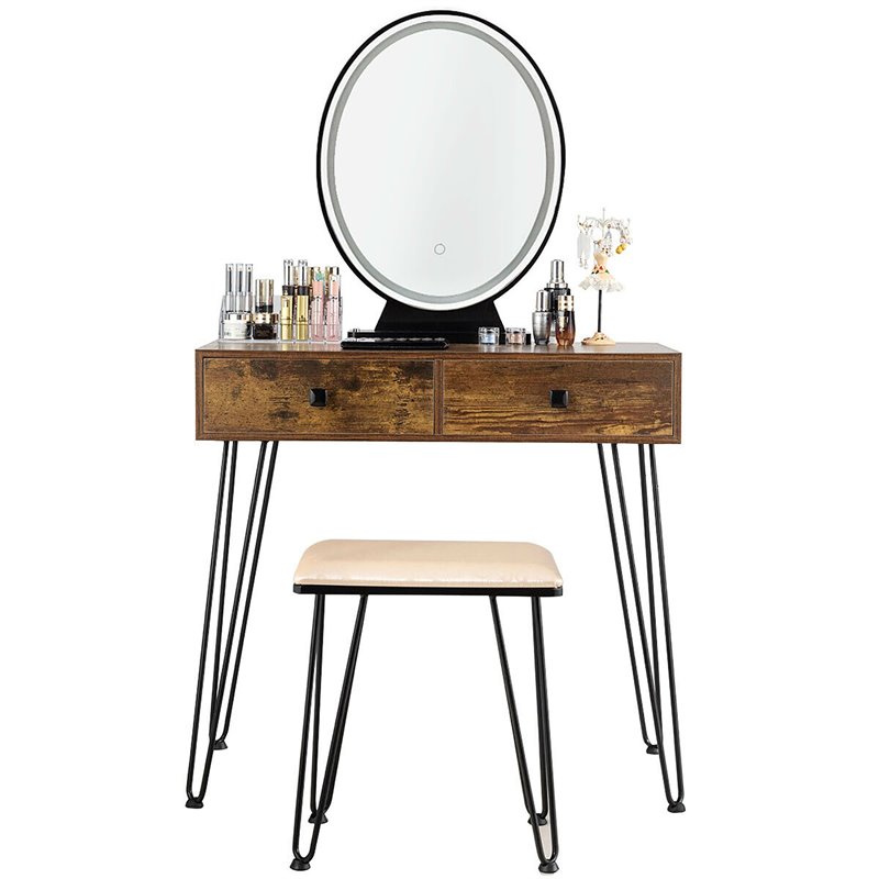 Costway Vanity Makeup Dressing Table with Mirror Touch Switch in Tan