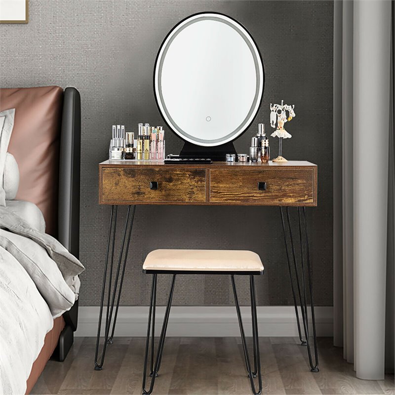 Costway Vanity Makeup Dressing Table with Mirror Touch Switch in Tan