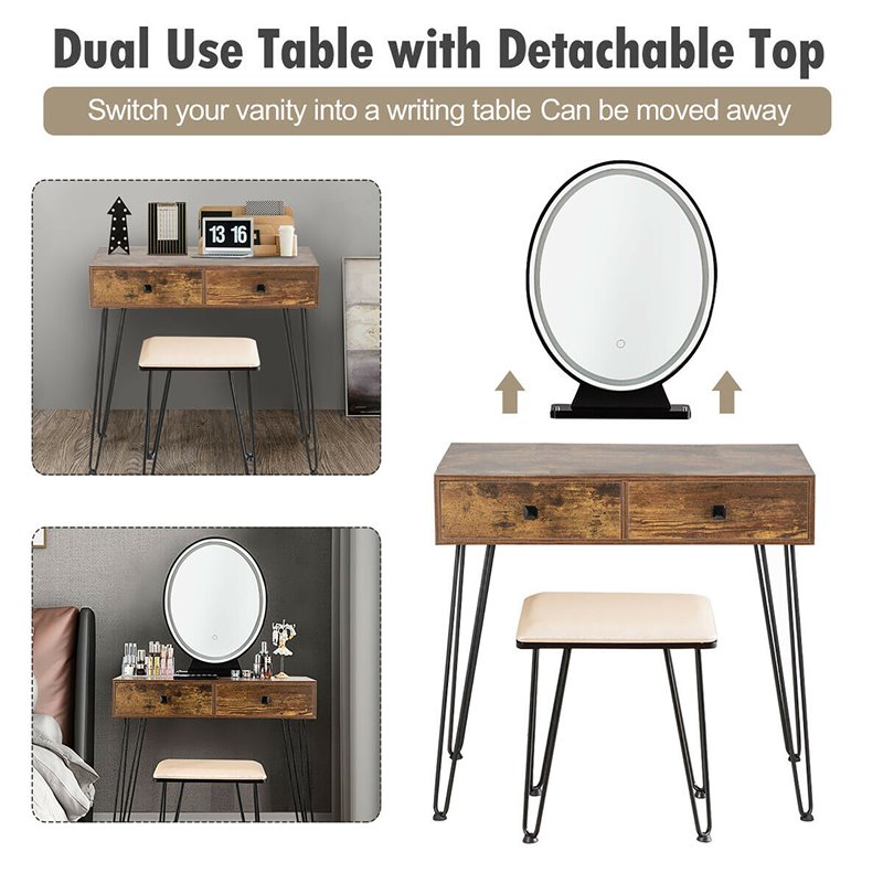 Costway Vanity Makeup Dressing Table with Mirror Touch Switch in Tan