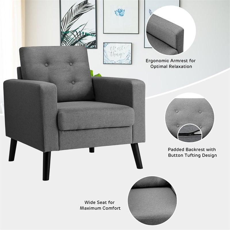 Costway Contemporary Fabric Accent Chair with Rubber Wood Legs in Gray
