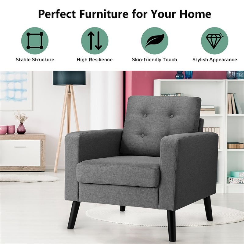 Costway Contemporary Fabric Accent Chair with Rubber Wood Legs in Gray
