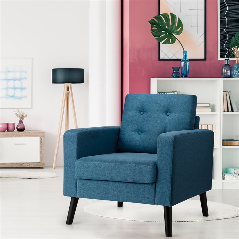 Costway Contemporary Fabric Accent Chair with Rubber Wood Legs in Blue
