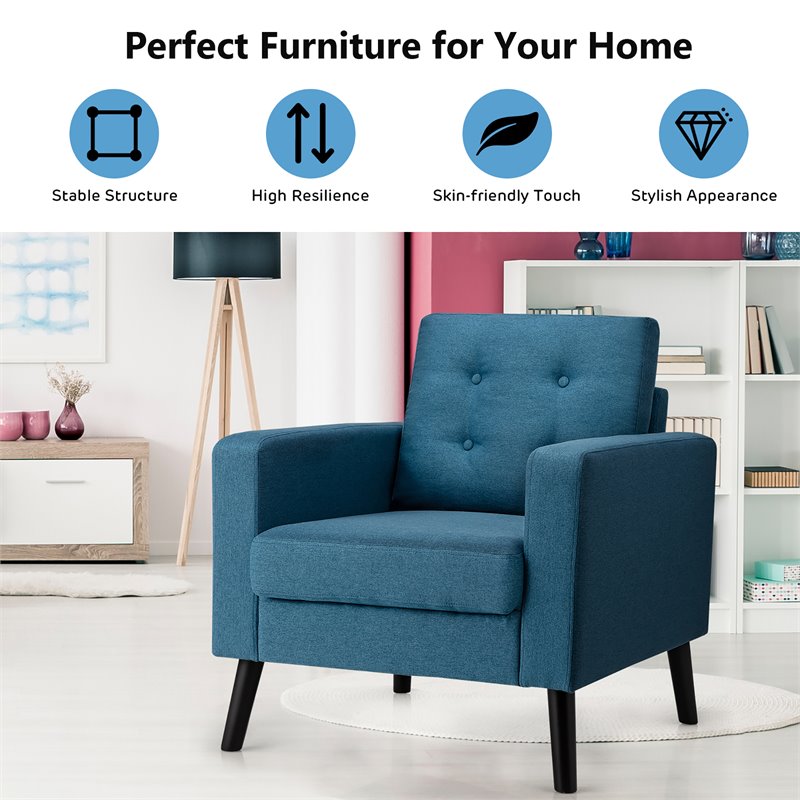 Costway Contemporary Fabric Accent Chair with Rubber Wood Legs in Blue