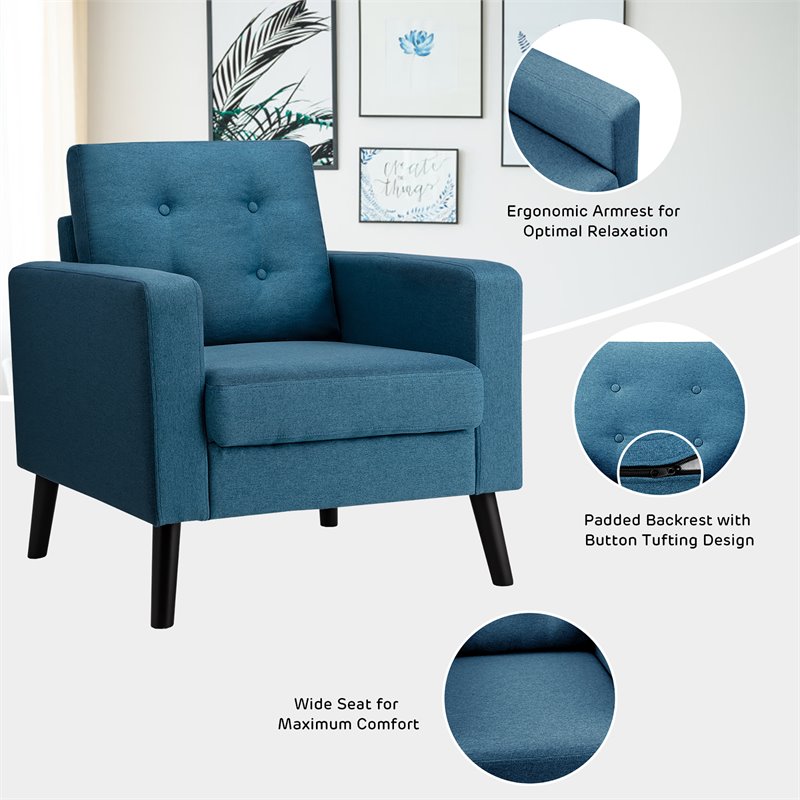 Costway Contemporary Fabric Accent Chair with Rubber Wood Legs in Blue