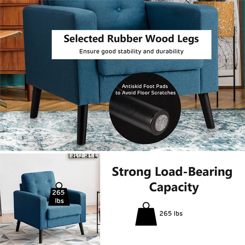 Costway Contemporary Fabric Accent Chair with Rubber Wood Legs in Blue