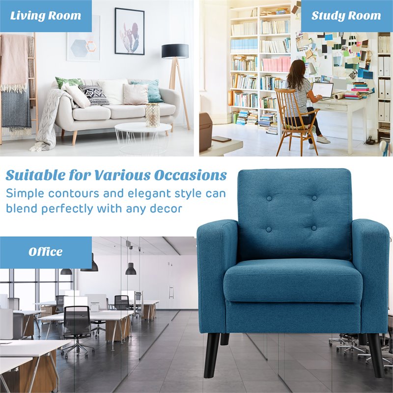 Costway Contemporary Fabric Accent Chair with Rubber Wood Legs in Blue