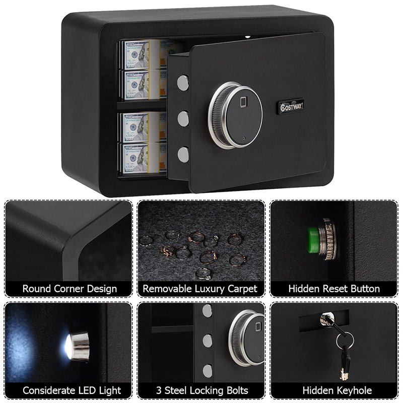 Costway Fingerprint Safety Box/Security Box with Inner LED Light in Black