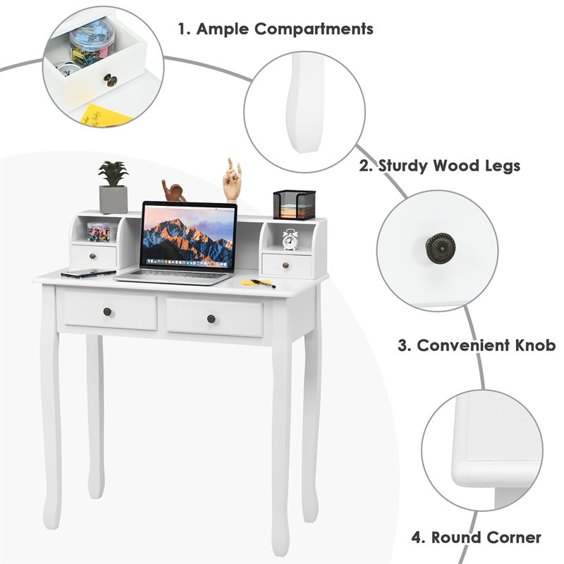 Costway Contemporary MDF and Candlenut Dressing Table with 4 Drawers in White