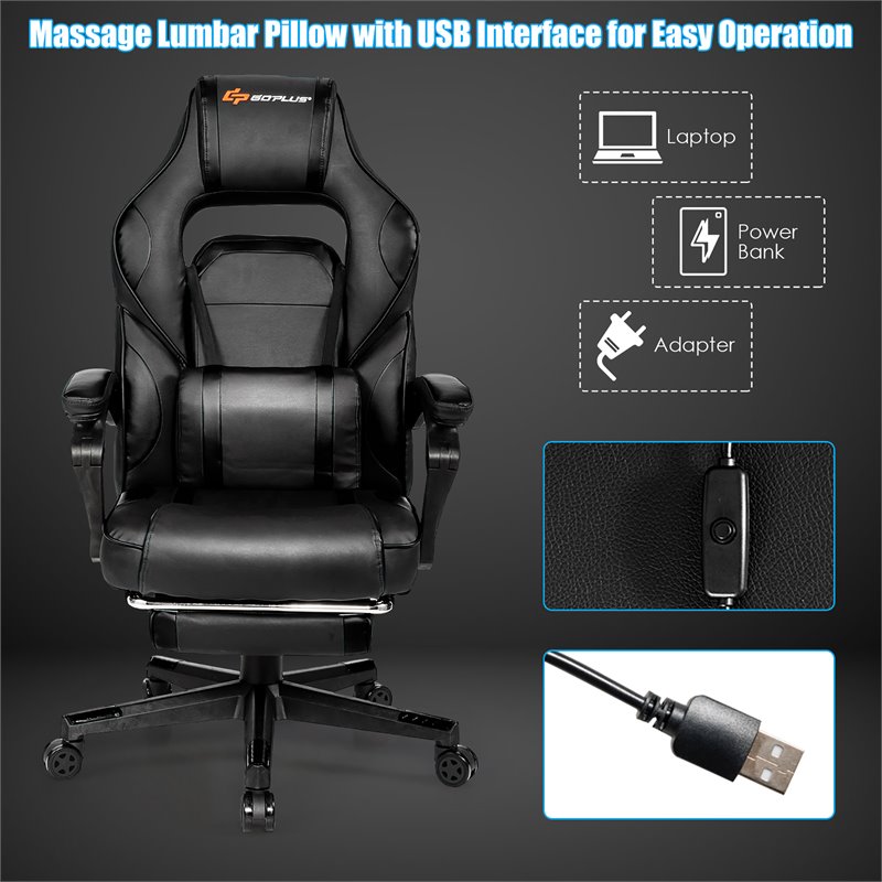 Costway Contemporary PVC and Sponge Massage Gaming Chair with Footrest in Black