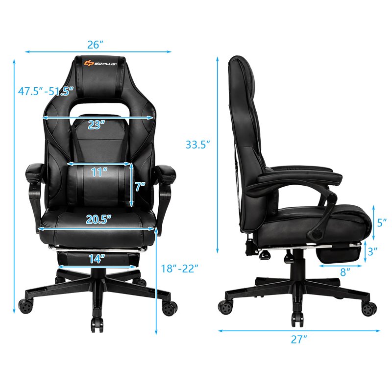 Costway Contemporary PVC and Sponge Massage Gaming Chair with Footrest in Black
