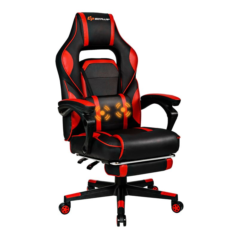 Costway Contemporary PVC and Sponge Massage Gaming Chair with Footrest in Red