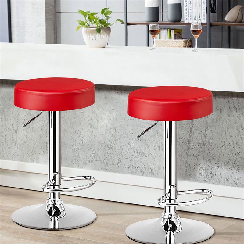 Costway Round Leather & Steel Adjustable Swivel Bar Stool with Footrest in Red
