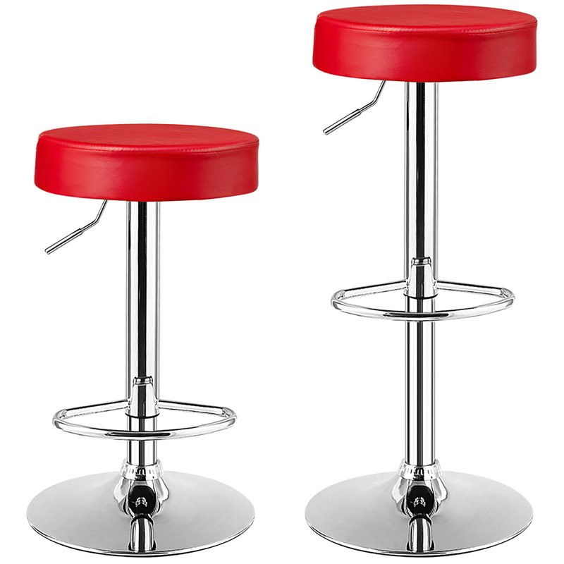 Costway Round Leather & Steel Adjustable Swivel Bar Stool with Footrest in Red