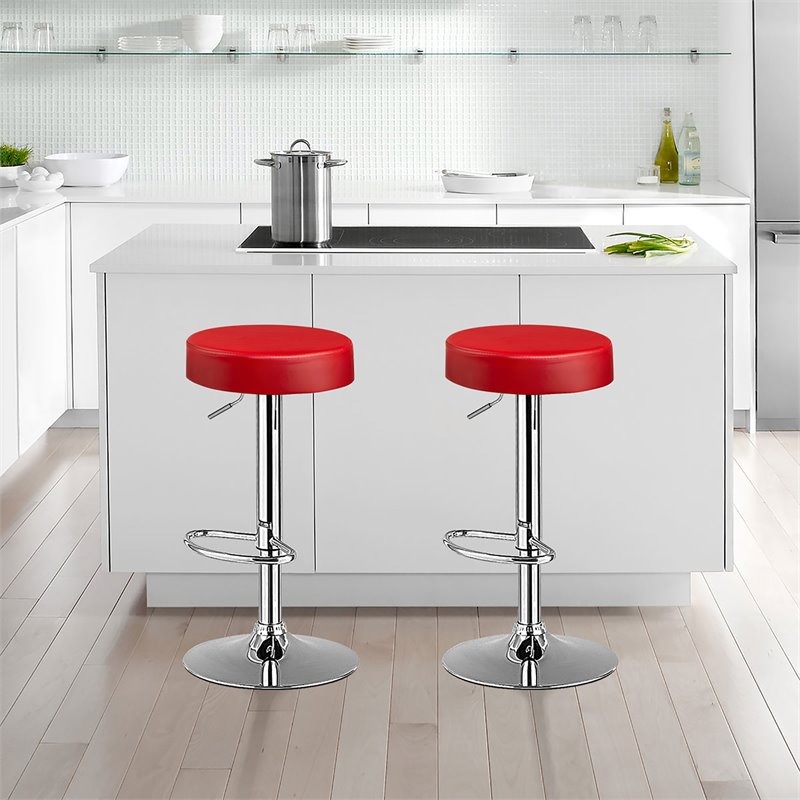 Costway Round Leather & Steel Adjustable Swivel Bar Stool with Footrest in Red