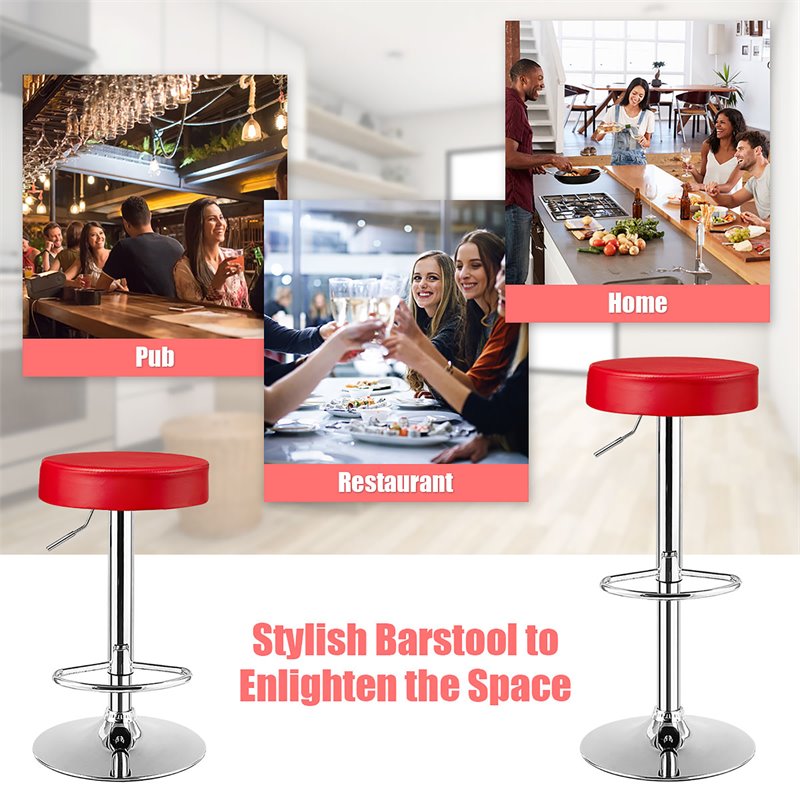 Costway Round Leather & Steel Adjustable Swivel Bar Stool with Footrest in Red
