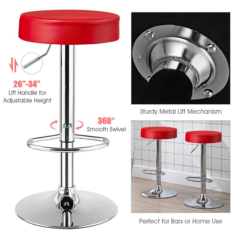 Costway Round Leather & Steel Adjustable Swivel Bar Stool with Footrest in Red