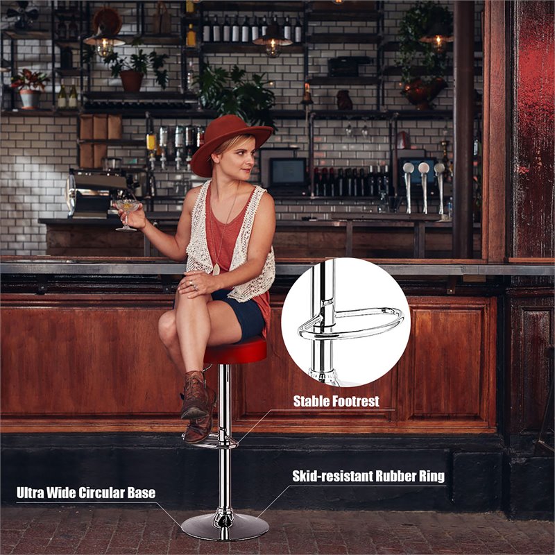 Costway Round Leather & Steel Adjustable Swivel Bar Stool with Footrest in Red