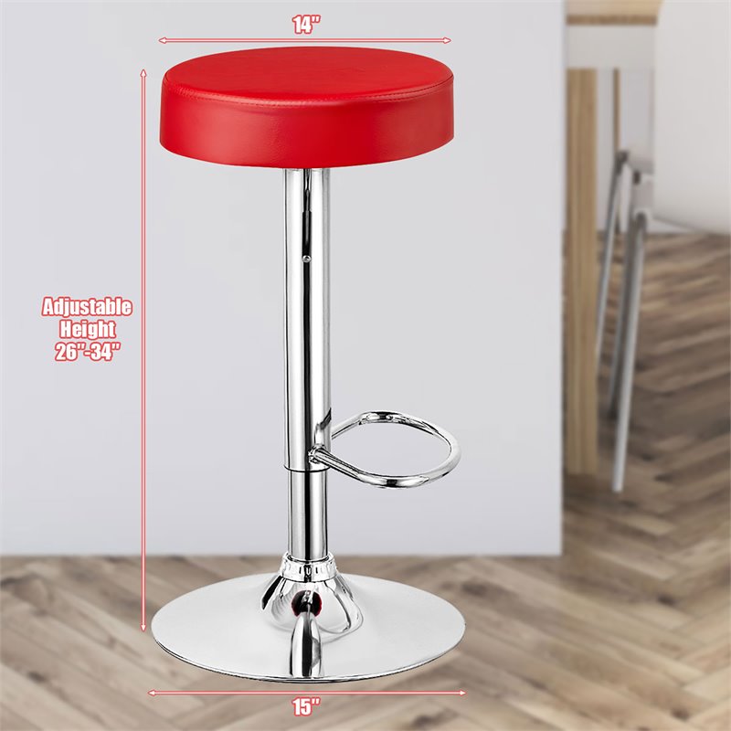 Costway Round Leather & Steel Adjustable Swivel Bar Stool with Footrest in Red
