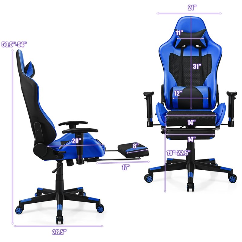 Costway PVC and Sponge Massage Gaming Chair with Footrest in Blue